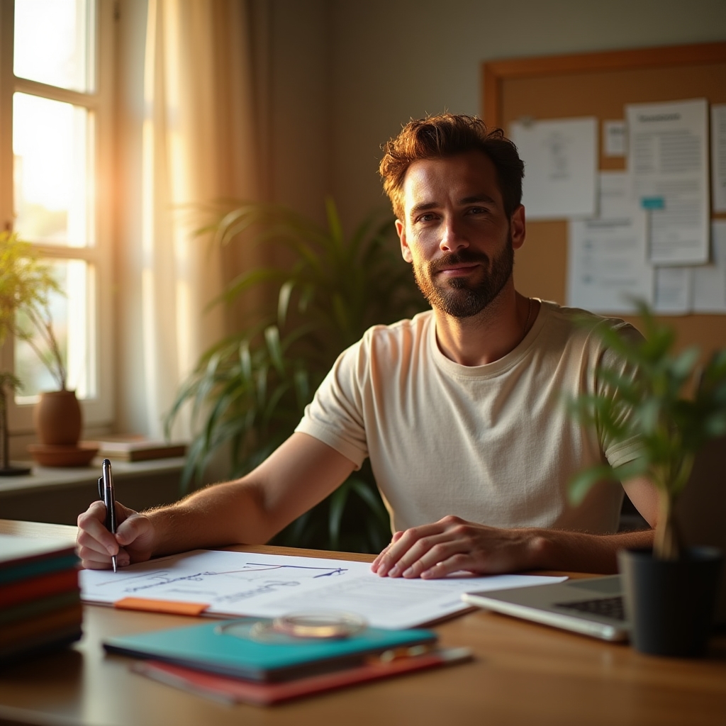 Imprenditore sereno con piano chiaro e documentazione organizzata grazie a Mirox Via
