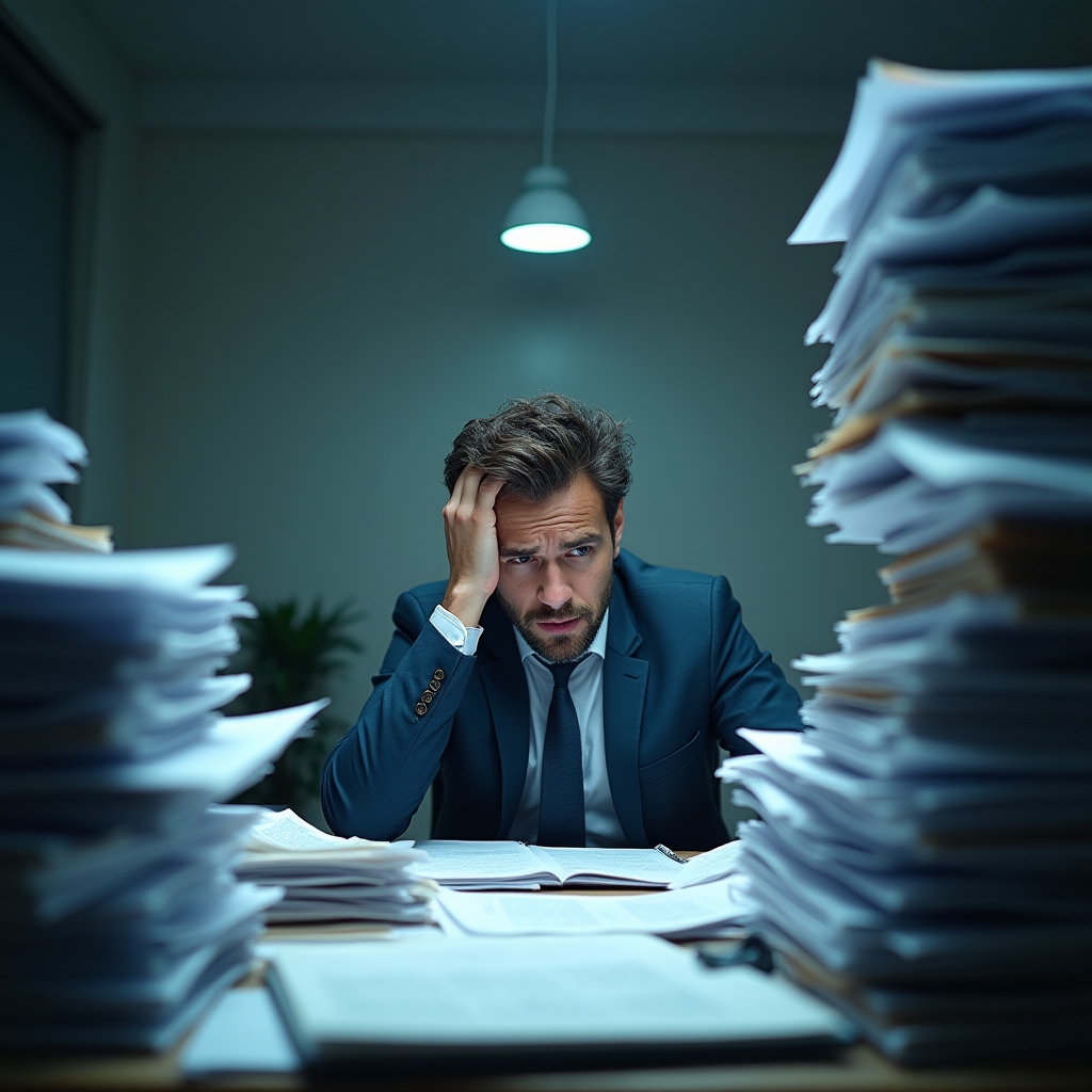 Aspirante imprenditore confuso di fronte a documenti burocratici senza supporto